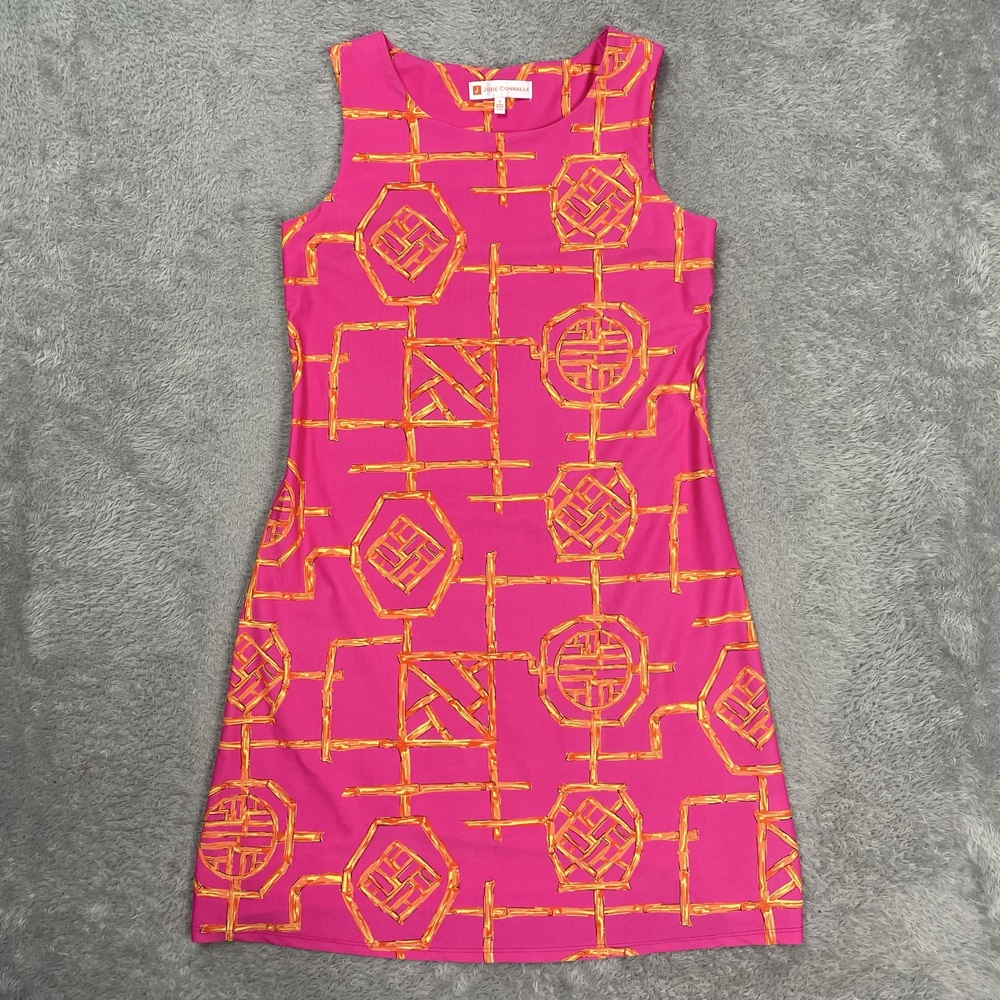 Jude Connally Shift Dress Womens S Pink Geometric Sleeveless Stretch Knit Travel